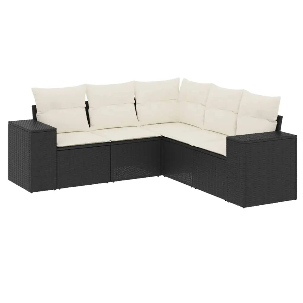 5 Piece Garden Sofa Set with Cushions Black Poly Rattan 3222545 - Furniture
