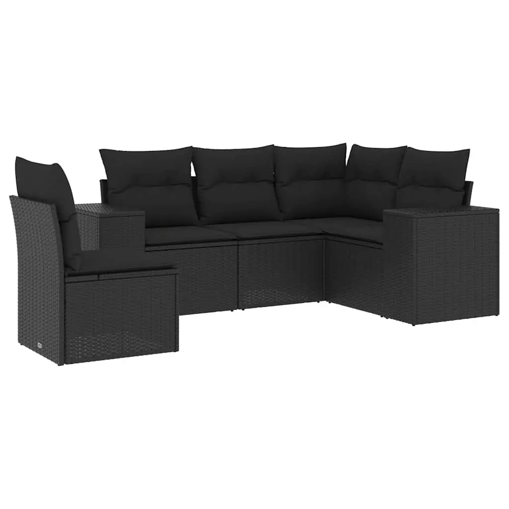 5 Piece Garden Sofa Set with Cushions Black Poly Rattan 3222564 - Furniture