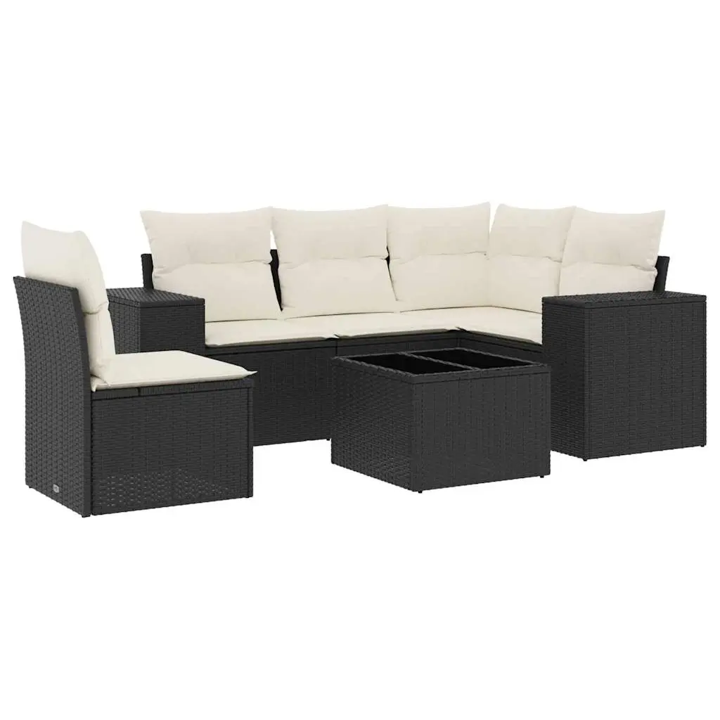 6 Piece Garden Sofa Set with Cushions Black Poly Rattan 3222585 - Furniture