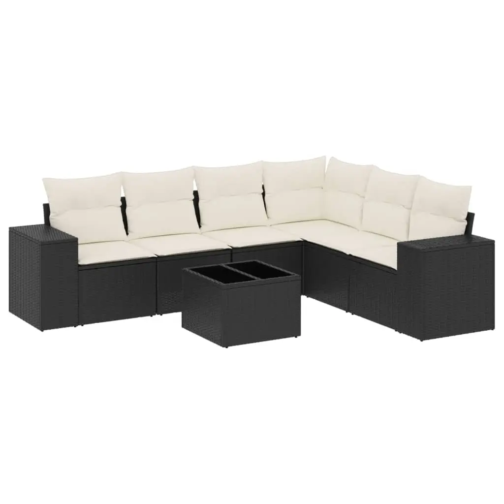 7 Piece Garden Sofa Set with Cushions Black Poly Rattan 3222615 - Furniture