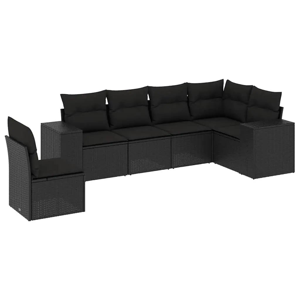 6 Piece Garden Sofa Set with Cushions Black Poly Rattan 3222624 - Furniture