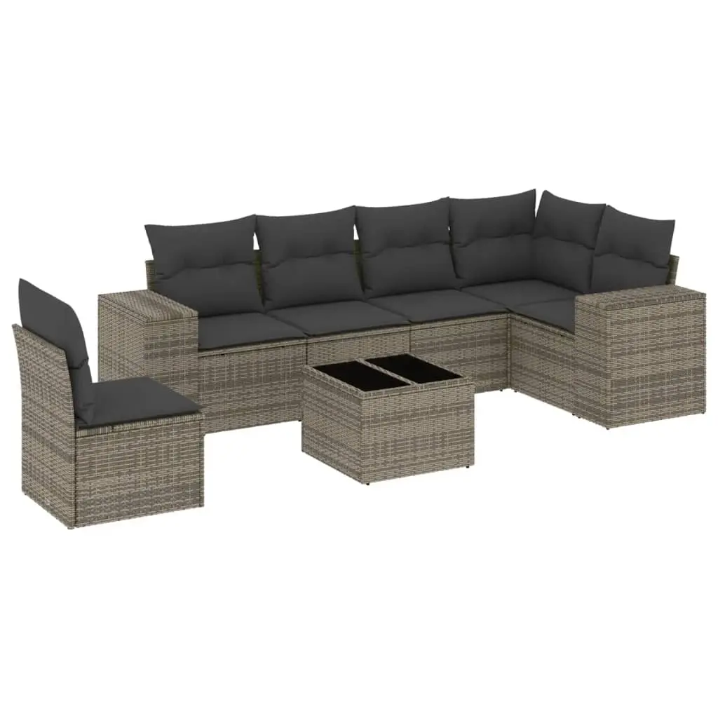 7 Piece Garden Sofa Set with Cushions Grey Poly Rattan 3222639 - Furniture