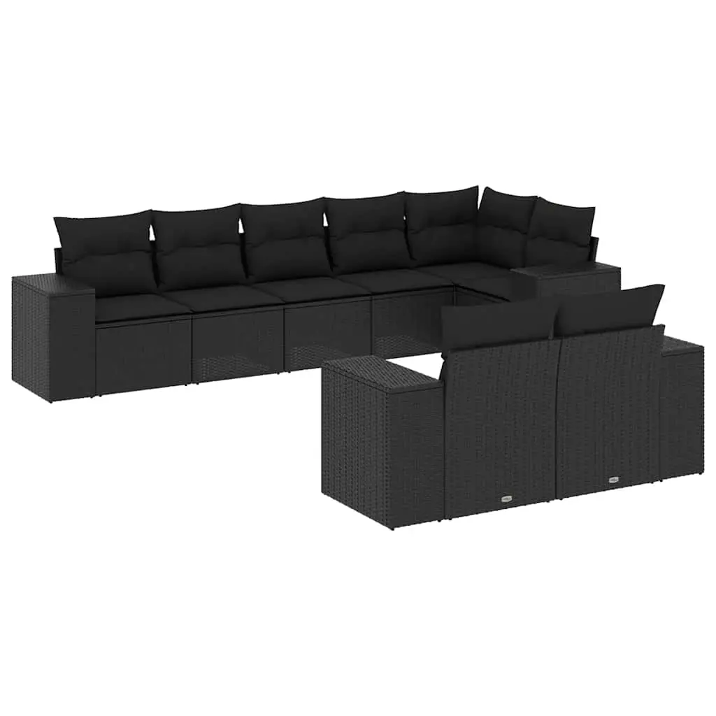8 Piece Garden Sofa Set with Cushions Black Poly Rattan 3222814 - Furniture