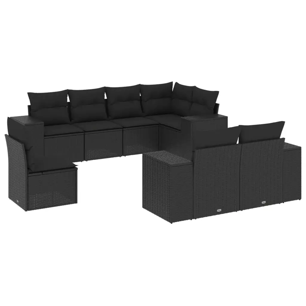 8 Piece Garden Sofa Set with Cushions Black Poly Rattan 3222834 - Furniture