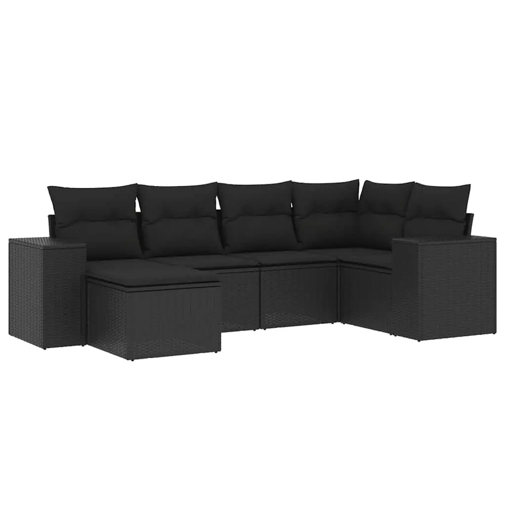 6 Piece Garden Sofa Set with Cushions Black Poly Rattan 3222854 - Furniture