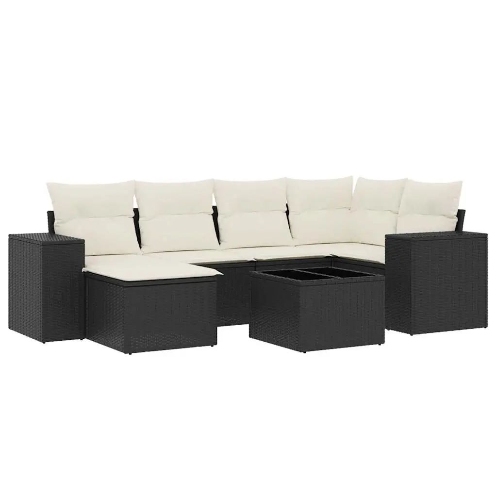 7 Piece Garden Sofa Set with Cushions Black Poly Rattan 3222865 - Furniture