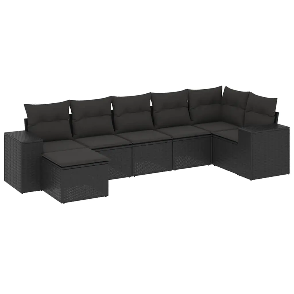 7 Piece Garden Sofa Set with Cushions Black Poly Rattan 3222874 - Furniture