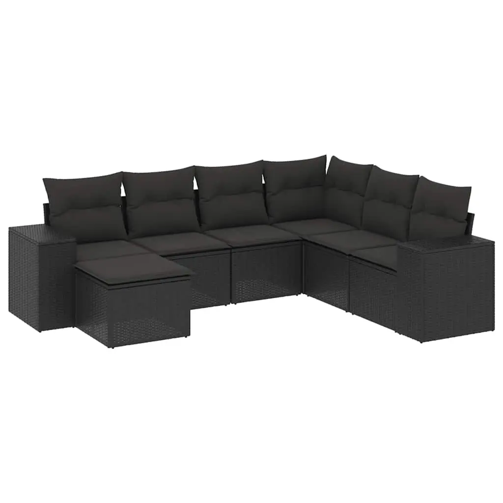 7 Piece Garden Sofa Set with Cushions Black Poly Rattan 3222894 - Furniture