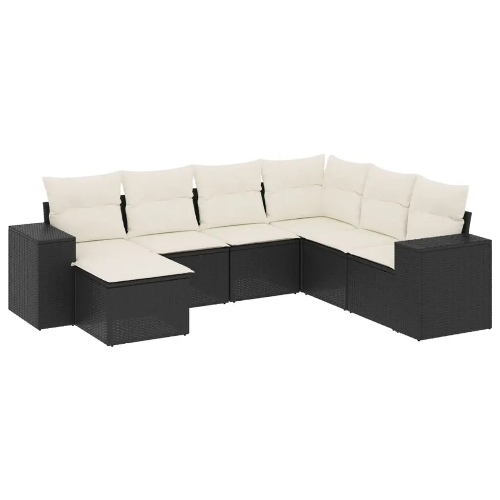7 Piece Garden Sofa Set with Cushions Black Poly Rattan 3222895 - Furniture
