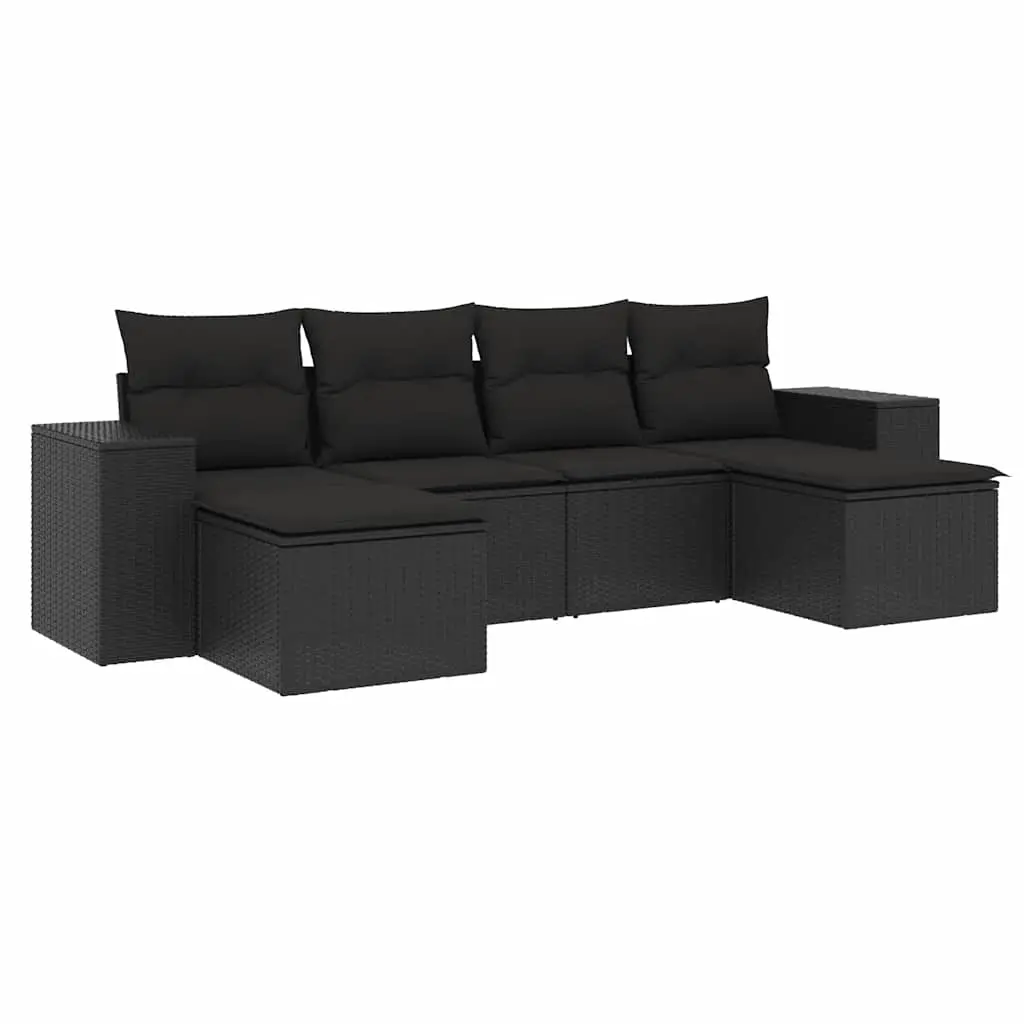 6 Piece Garden Sofa Set with Cushions Black Poly Rattan 3222914 - Furniture