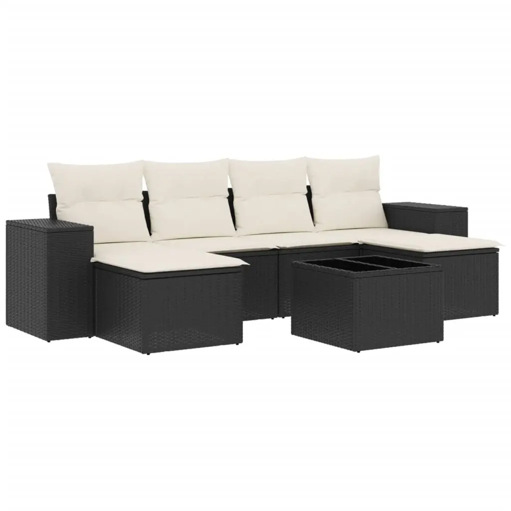 7 Piece Garden Sofa Set with Cushions Black Poly Rattan 3222925 - Furniture