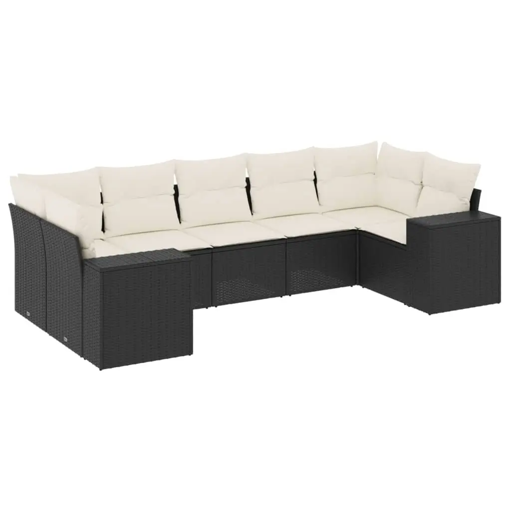 7 Piece Garden Sofa Set with Cushions Black Poly Rattan 3222985 - Furniture