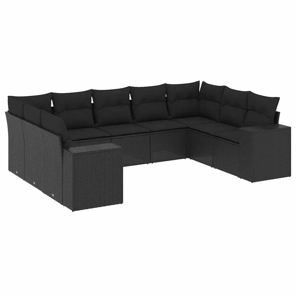 9 Piece Garden Sofa Set with Cushions Black Poly Rattan 3222994 - Furniture