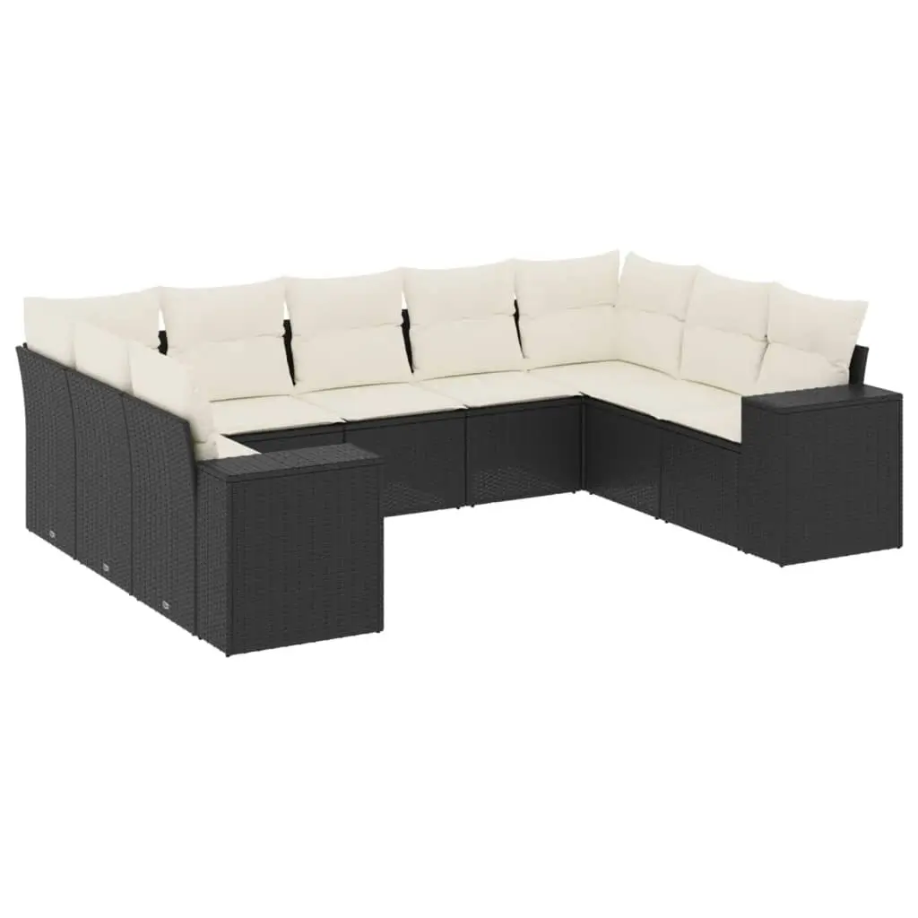 9 Piece Garden Sofa Set with Cushions Black Poly Rattan 3222995 - Furniture