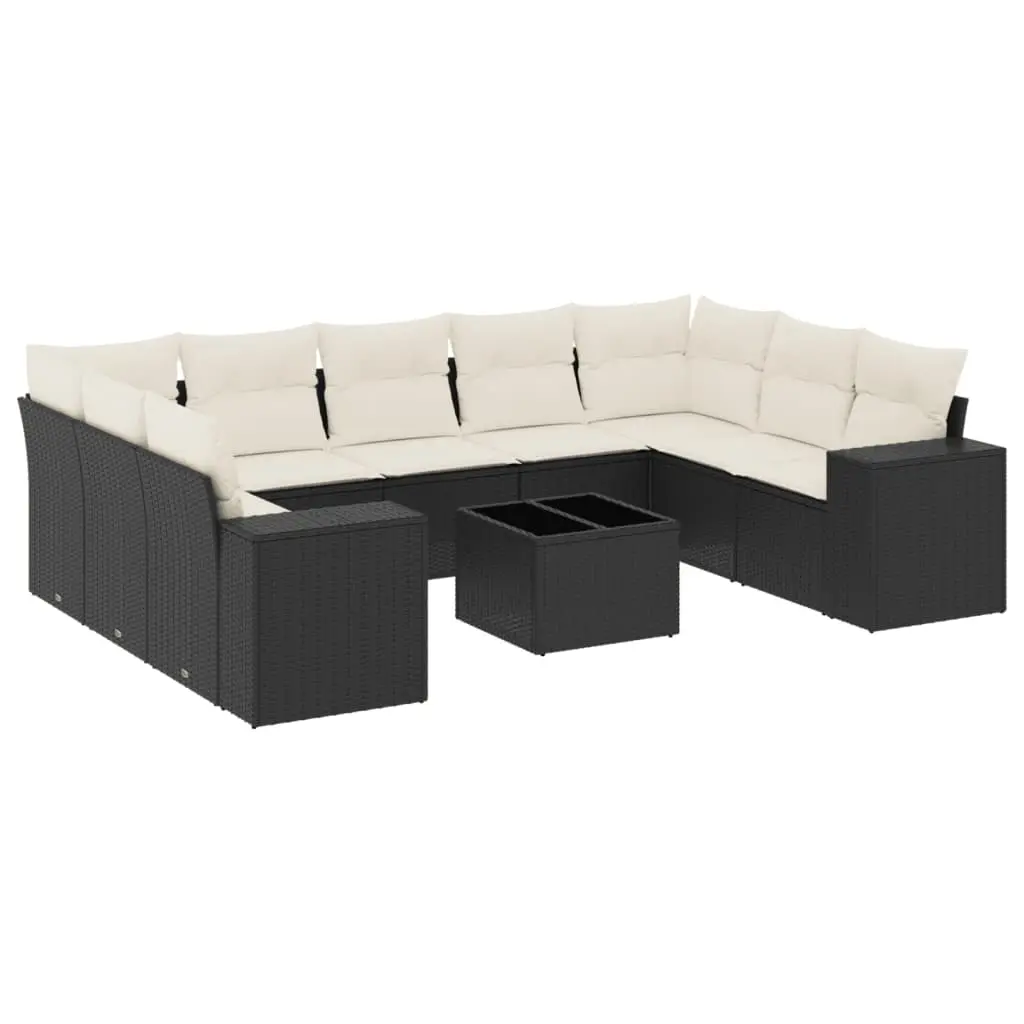 10 Piece Garden Sofa Set with Cushions Black Poly Rattan 3223005 - Furniture
