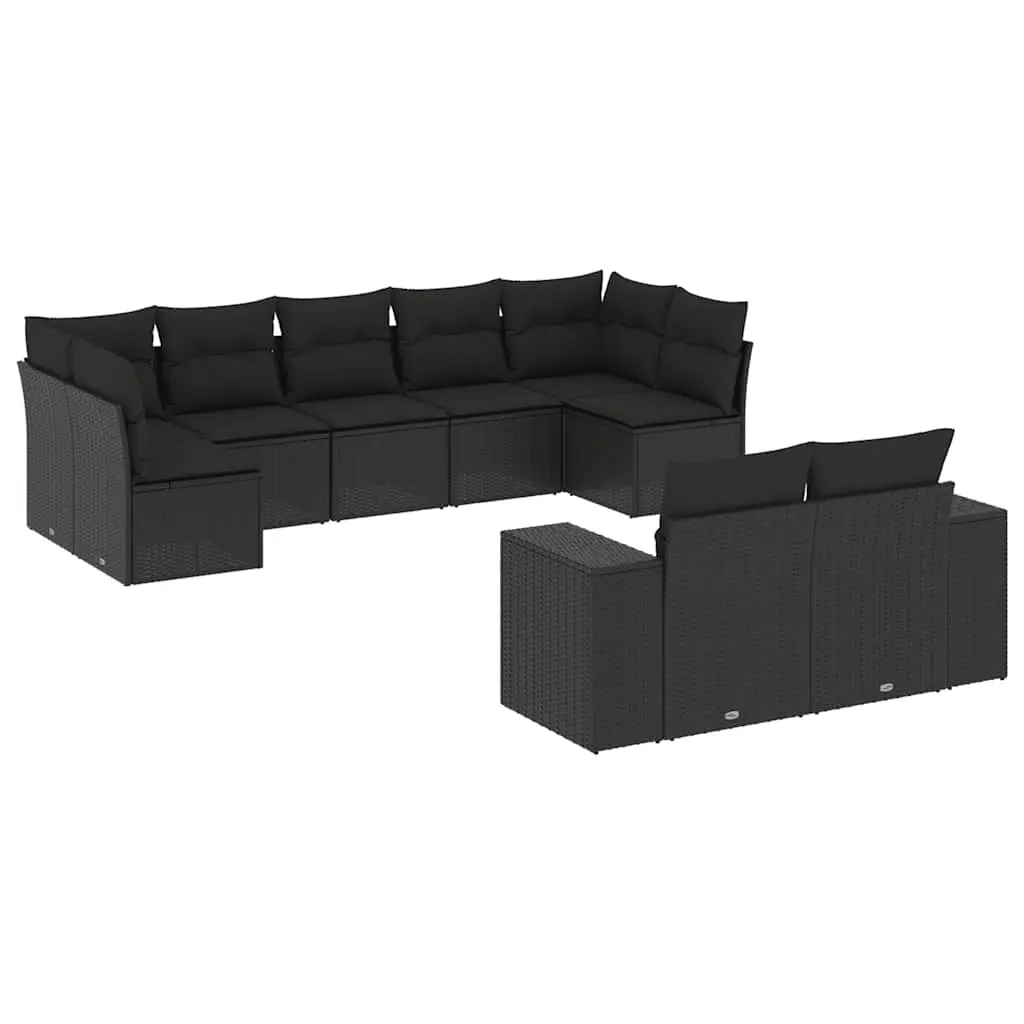 9 Piece Garden Sofa Set with Cushions Black Poly Rattan 3223014 - Furniture