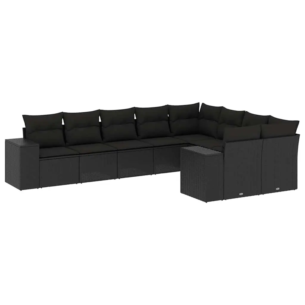 9 Piece Garden Sofa Set with Cushions Black Poly Rattan 3223034 - Furniture