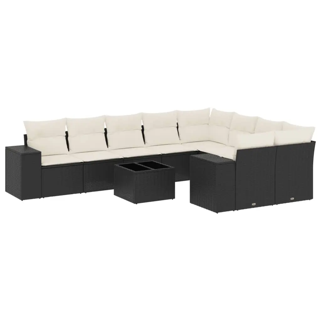 10 Piece Garden Sofa Set with Cushions Black Poly Rattan 3223045 - Furniture
