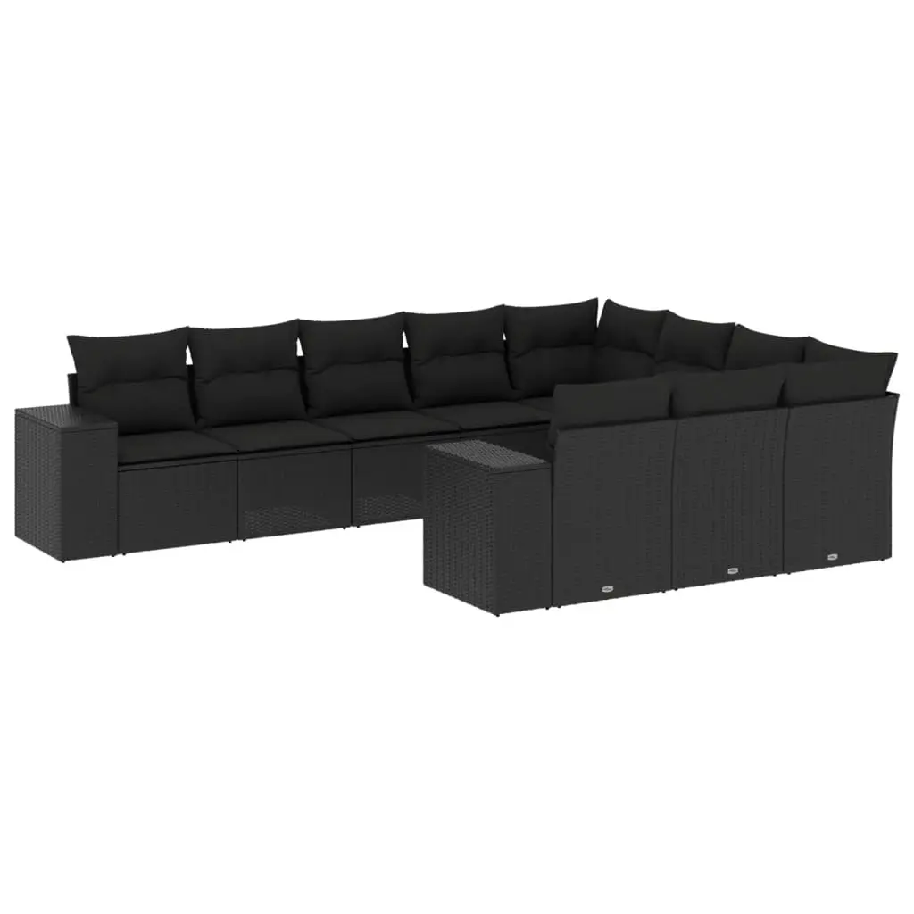 10 Piece Garden Sofa Set with Cushions Black Poly Rattan 3223084 - Furniture