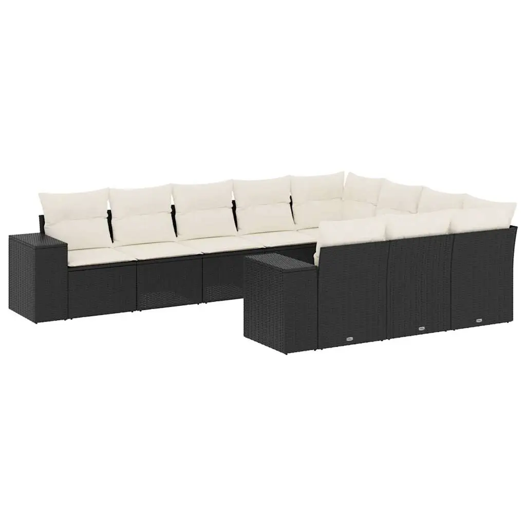 10 Piece Garden Sofa Set with Cushions Black Poly Rattan 3223085 - Furniture
