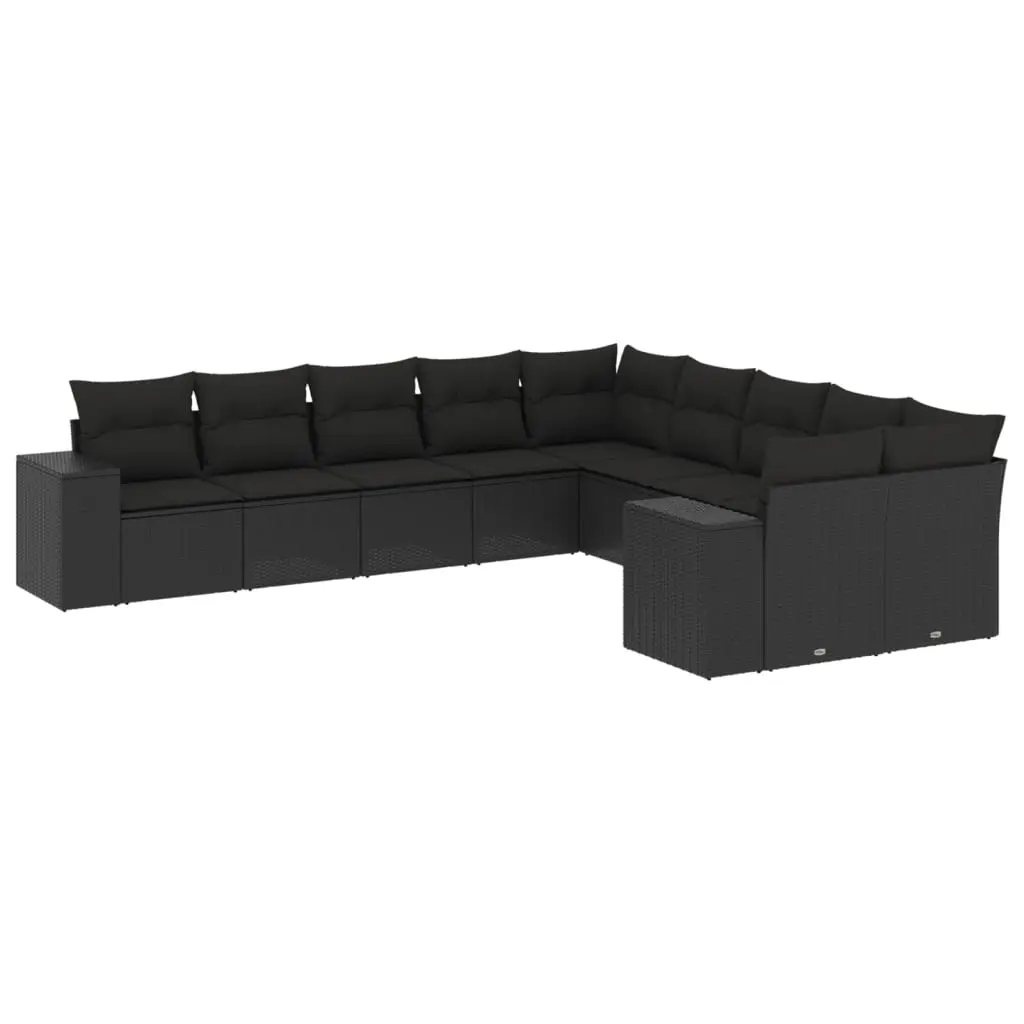 10 Piece Garden Sofa Set with Cushions Black Poly Rattan 3223104 - Furniture