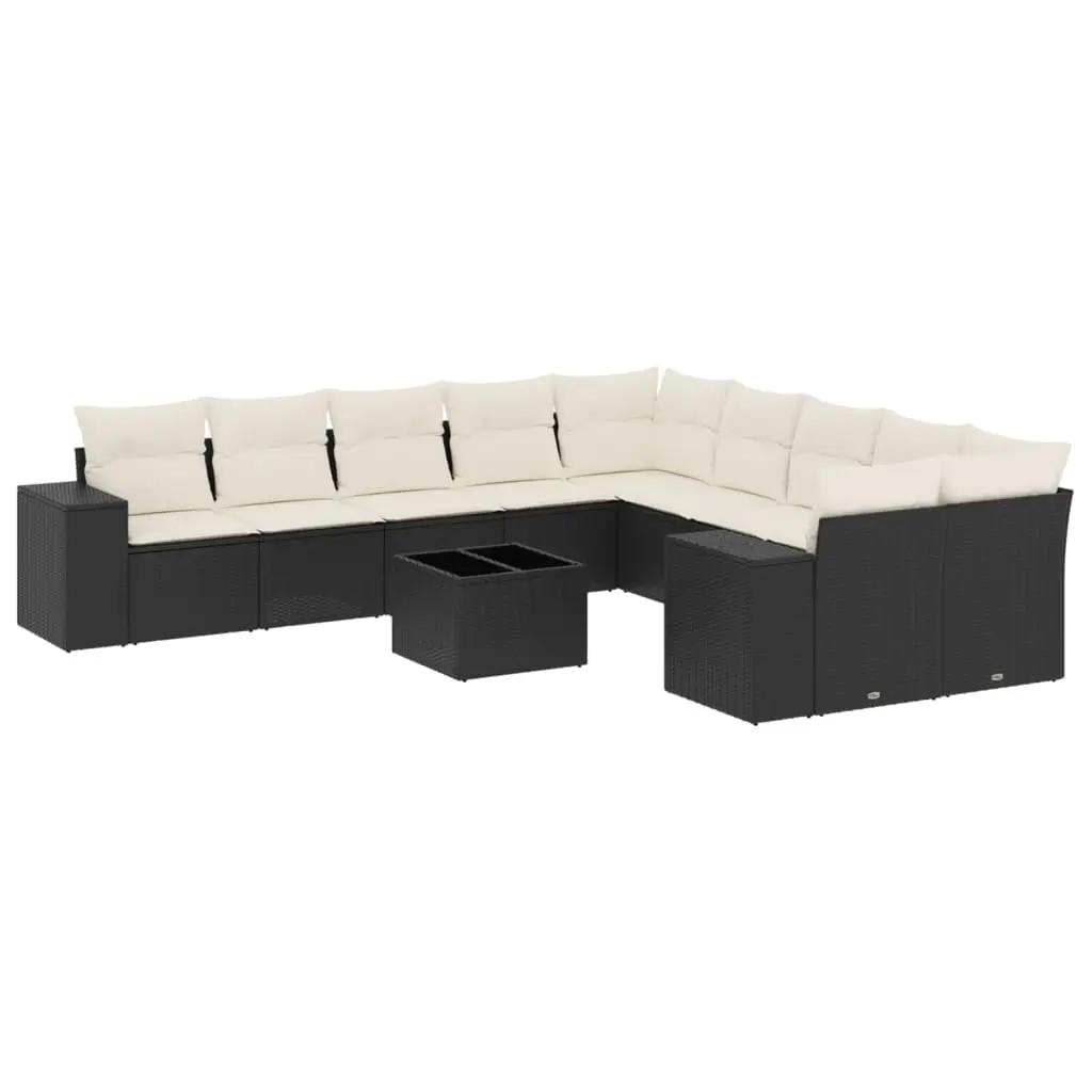 11 Piece Garden Sofa Set with Cushions Black Poly Rattan 3223115 - Furniture