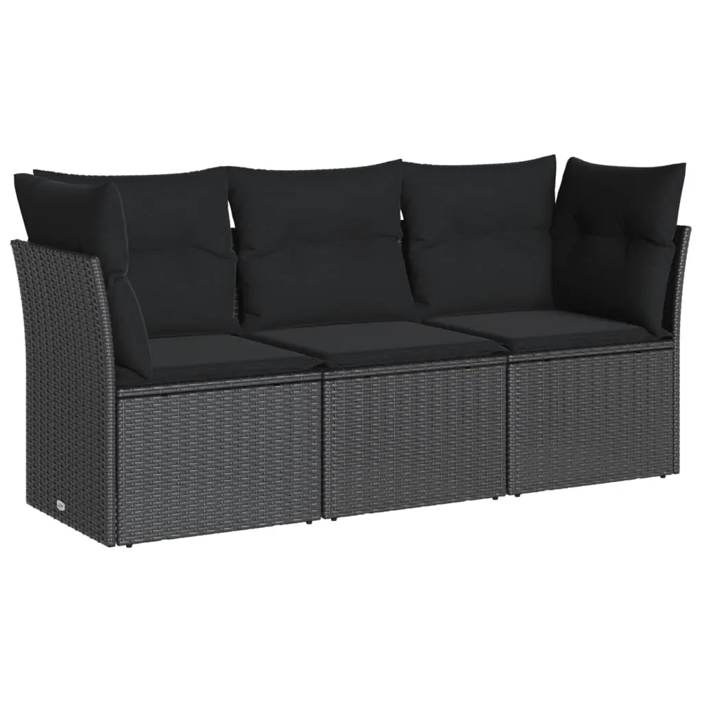 3 Piece Garden Sofa Set with Cushions Black Poly Rattan 3217205 - Furniture