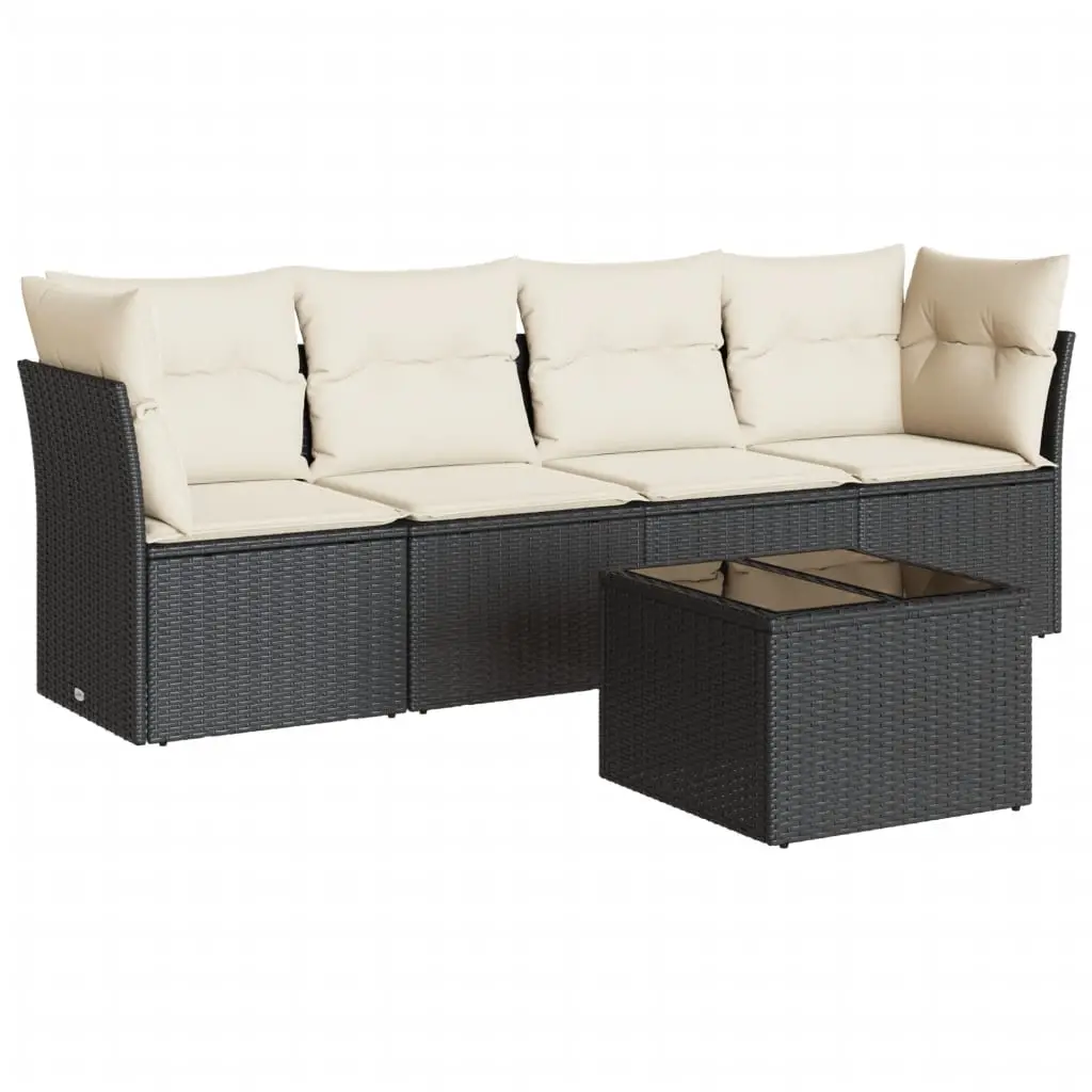 5 Piece Garden Sofa Set with Cushions Black Poly Rattan 3217236 - Furniture