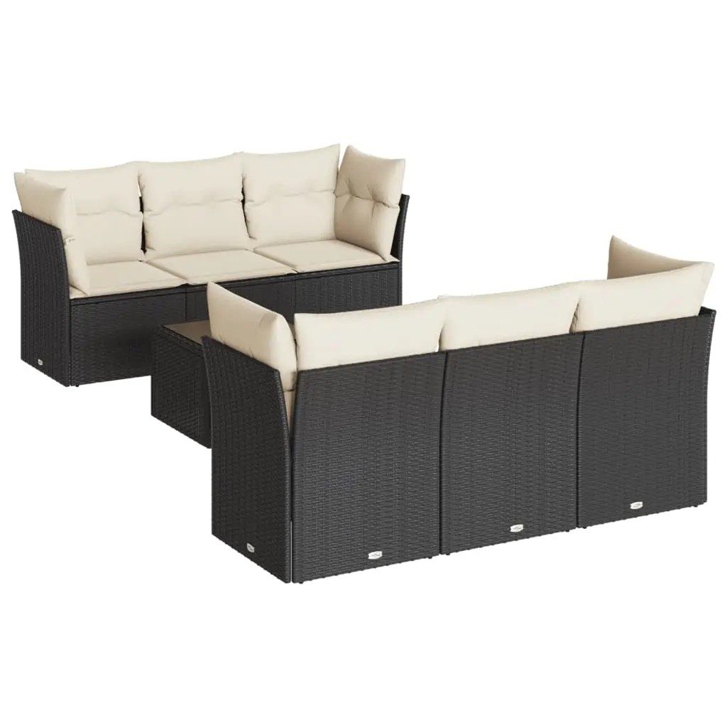 7 Piece Garden Sofa Set with Cushions Black Poly Rattan 3217256 - Furniture