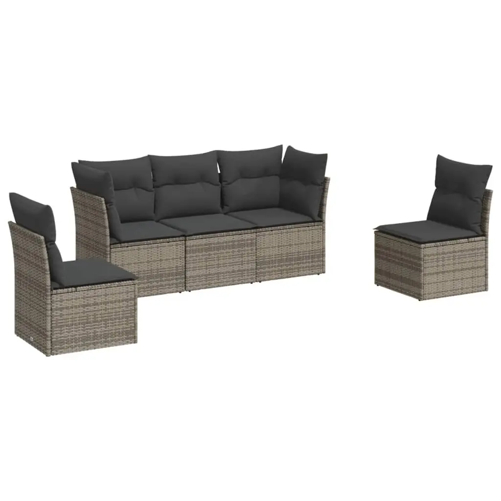 5 Piece Garden Sofa Set with Cushions Grey Poly Rattan 3217350 - Furniture