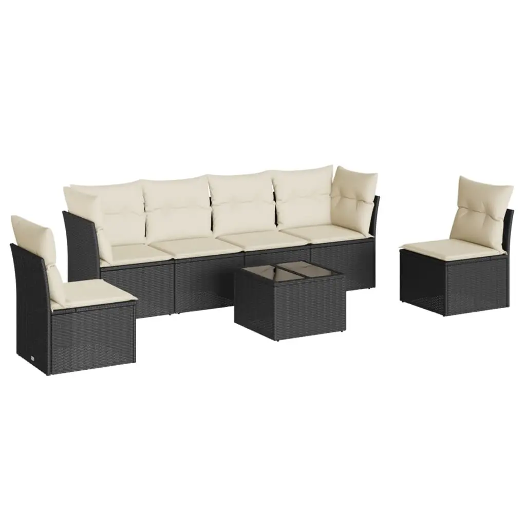 7 Piece Garden Sofa Set with Cushions Black Poly Rattan 3217376 - Furniture