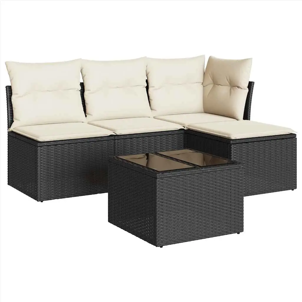 5 Piece Garden Sofa Set with Cushions Black Poly Rattan 3217506 - Furniture