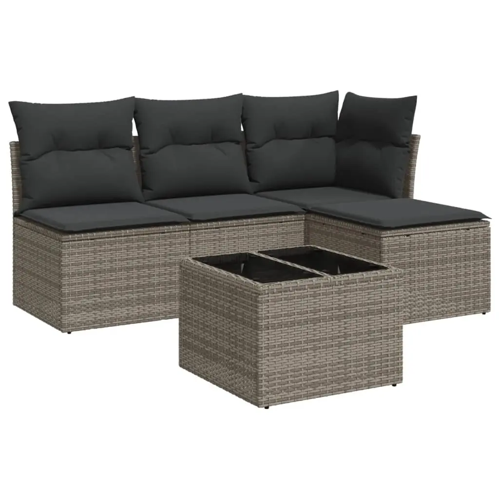 5 Piece Garden Sofa Set with Cushions Grey Poly Rattan 3217510 - Furniture