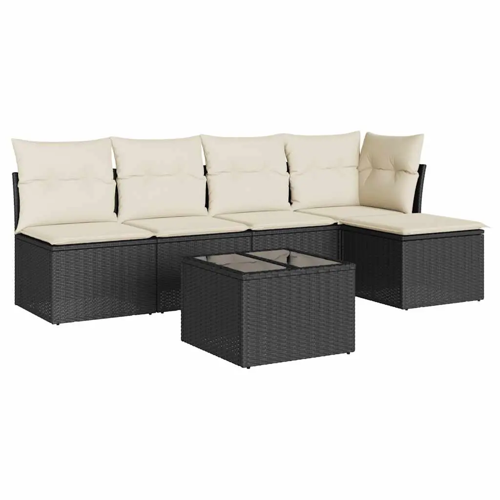 6 Piece Garden Sofa Set with Cushions Black Poly Rattan 3217526 - Furniture