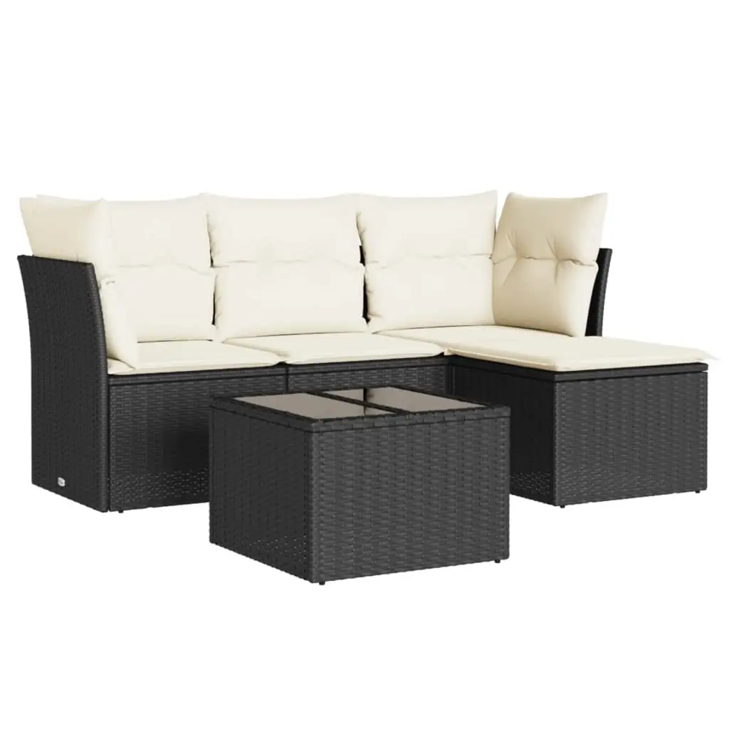 5 Piece Garden Sofa Set with Cushions Black Poly Rattan 3217546 - Furniture
