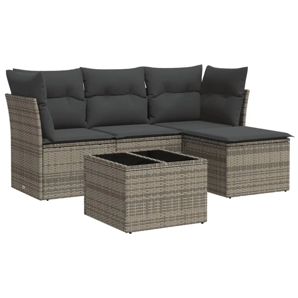 5 Piece Garden Sofa Set with Cushions Grey Poly Rattan 3217550 - Furniture