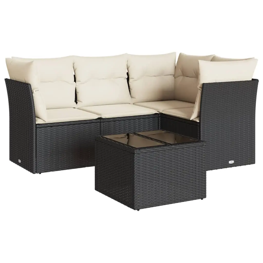 5 Piece Garden Sofa Set with Cushions Black Poly Rattan 3217586 - Furniture