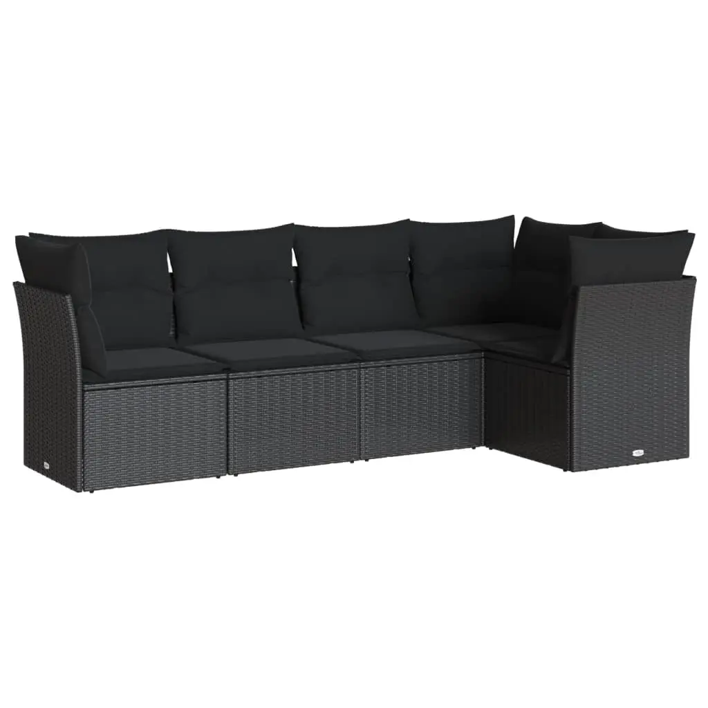 5 Piece Garden Sofa Set with Cushions Black Poly Rattan 3217595 - Furniture