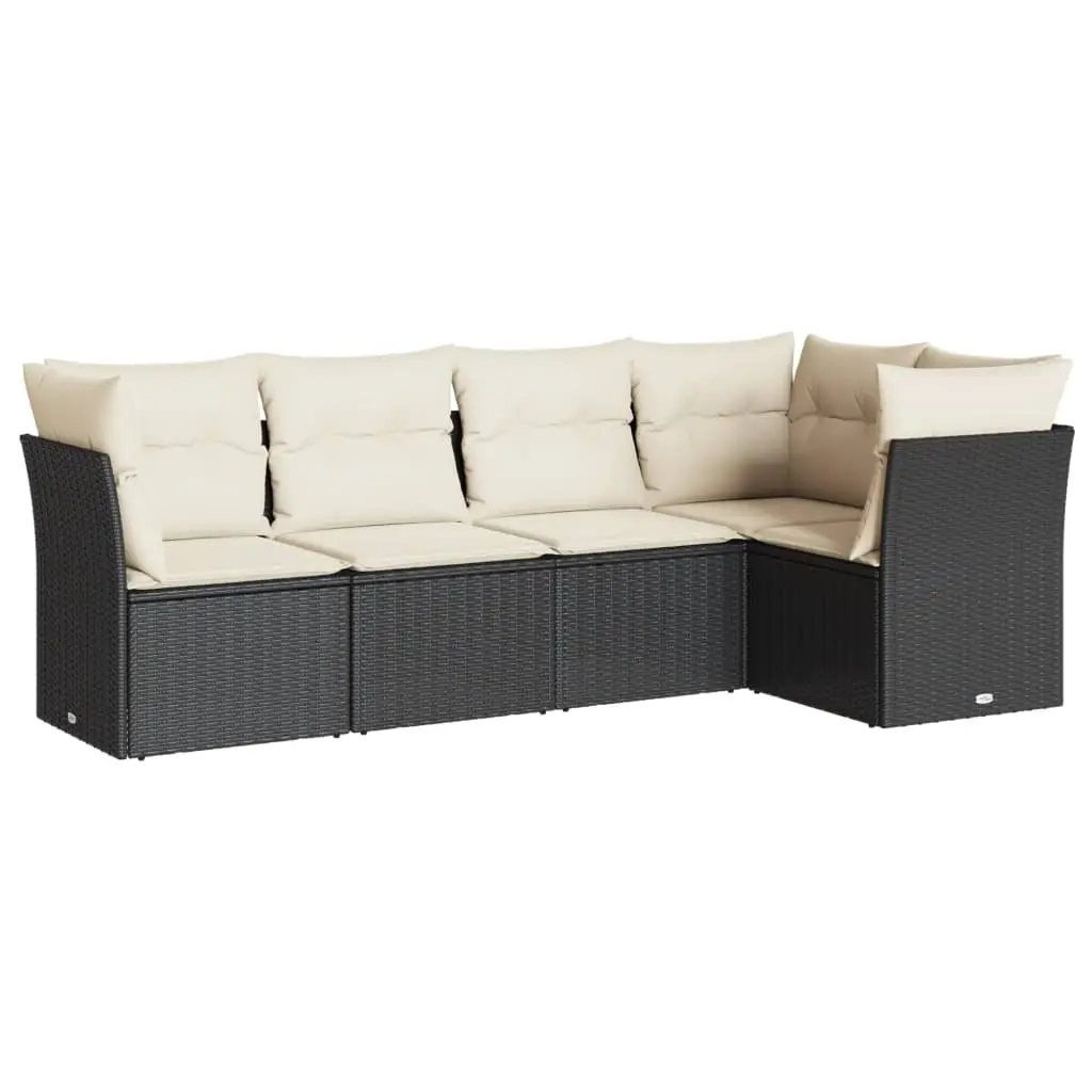 5 Piece Garden Sofa Set with Cushions Black Poly Rattan 3217596 - Furniture