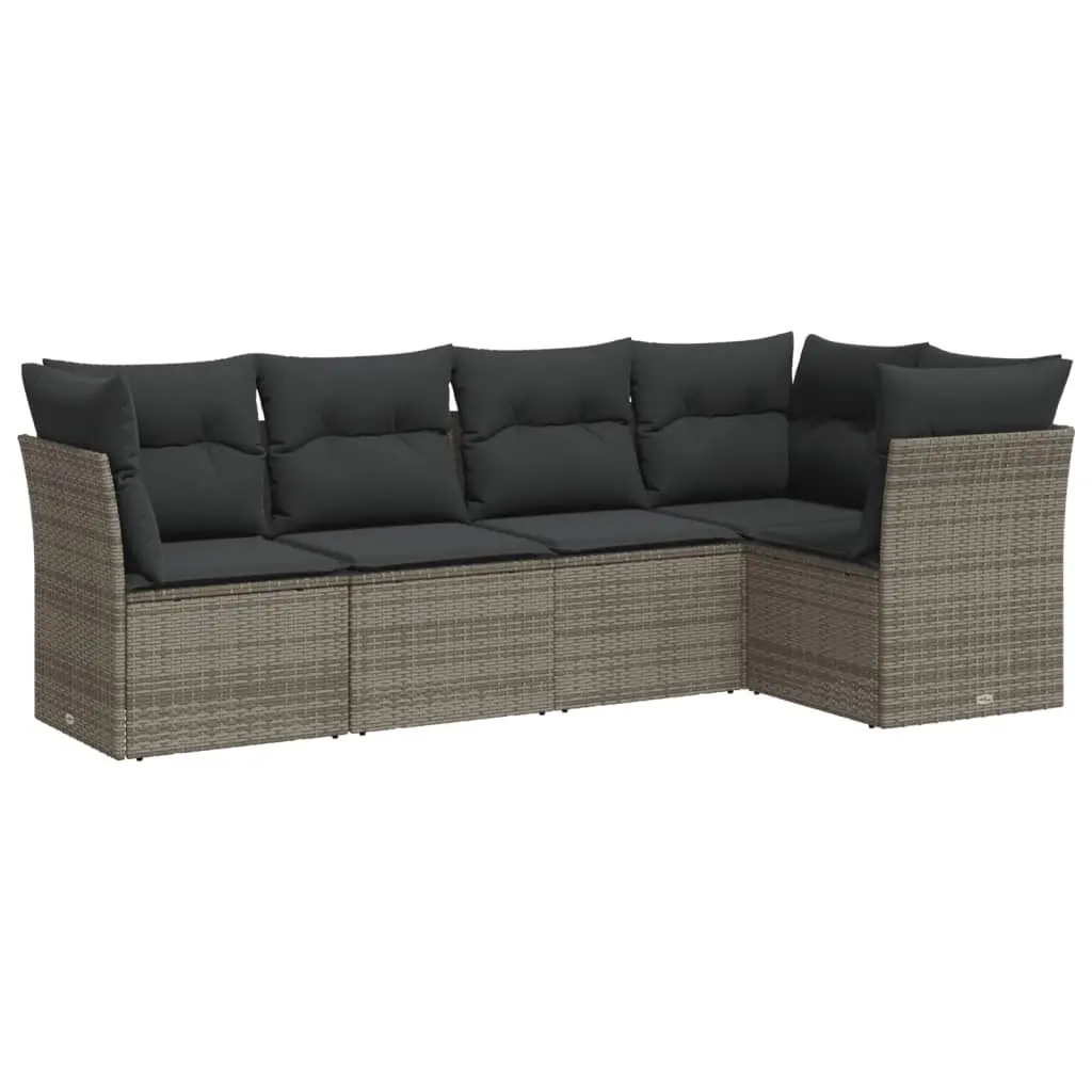 5 Piece Garden Sofa Set with Cushions Grey Poly Rattan 3217600 - Furniture