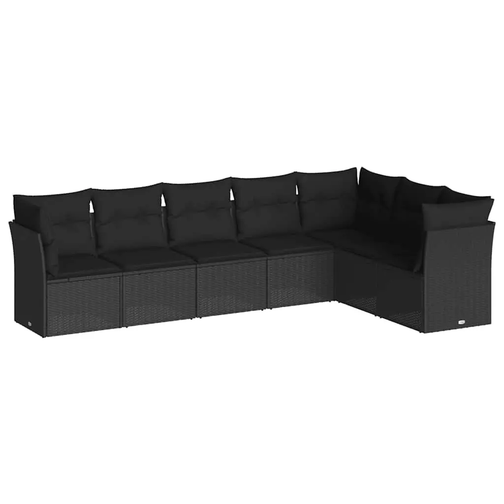 7 Piece Garden Sofa Set with Cushions Black Poly Rattan 3217735 - Furniture