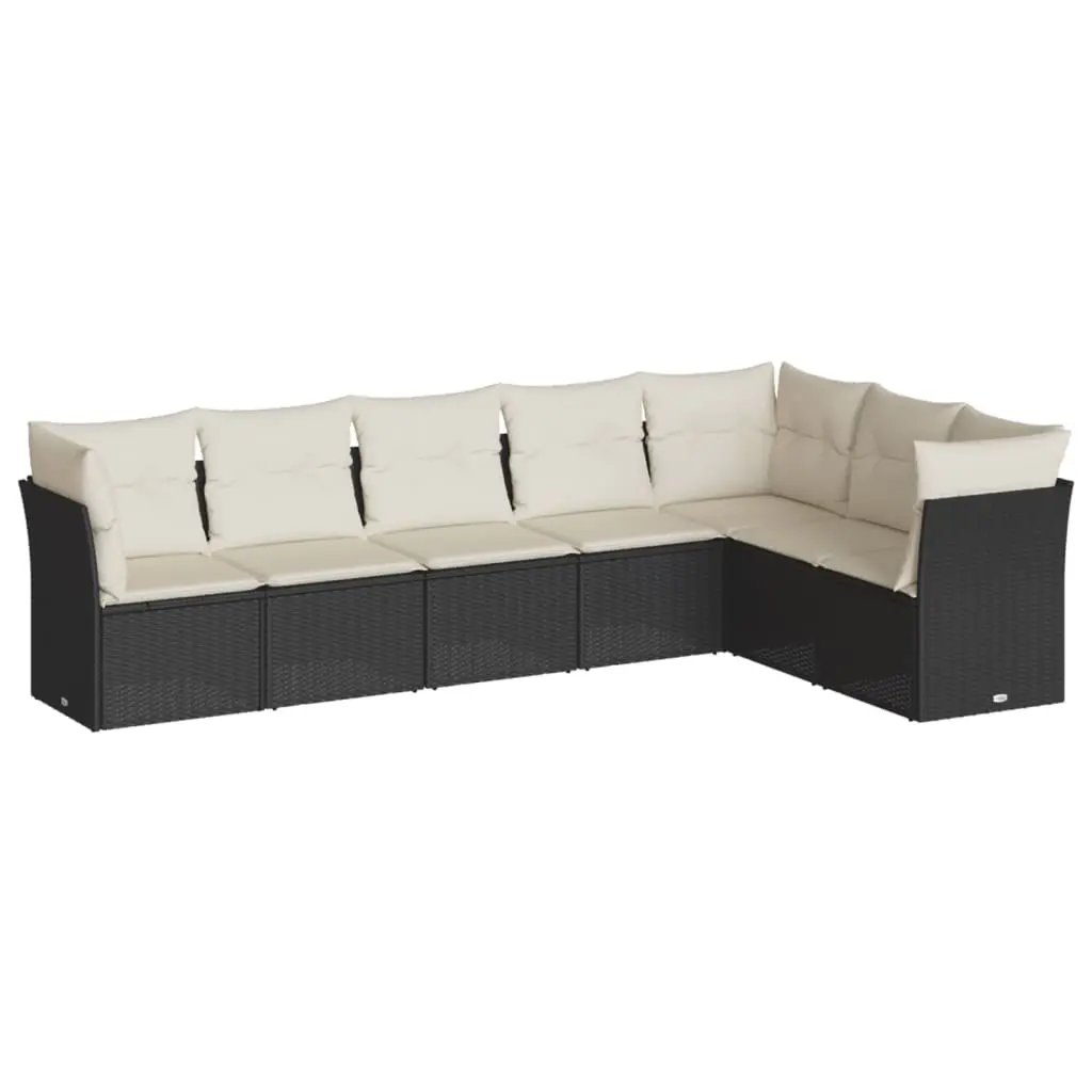 7 Piece Garden Sofa Set with Cushions Black Poly Rattan 3217736 - Furniture