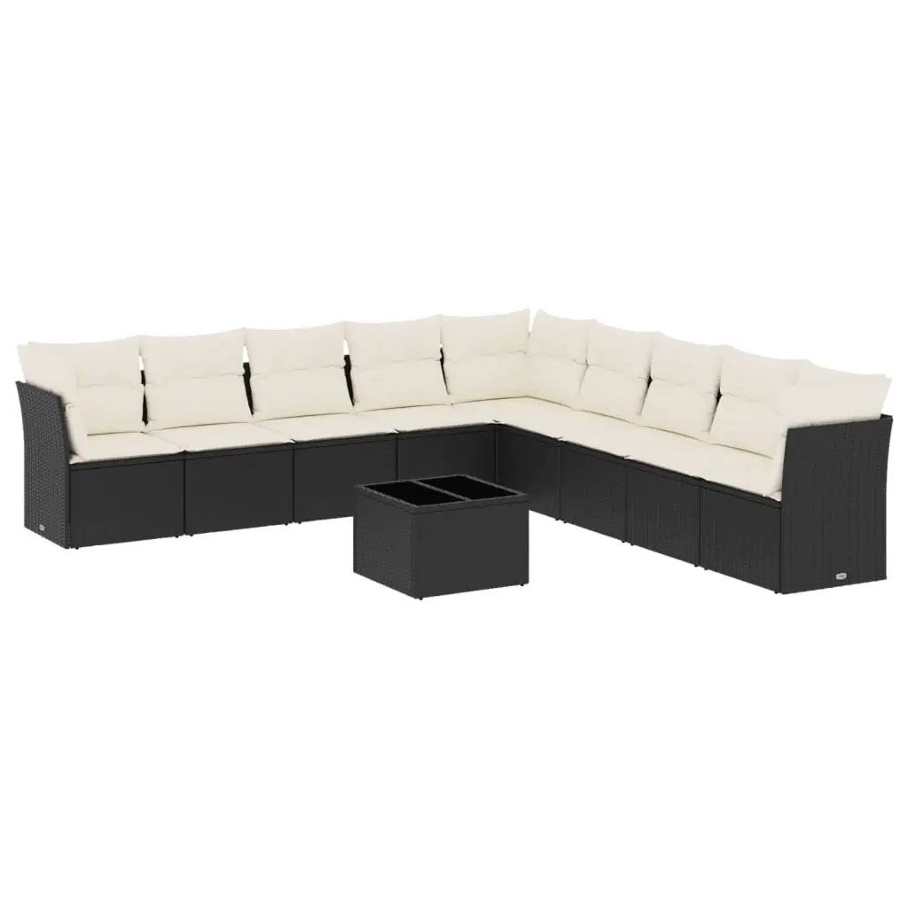 10 Piece Garden Sofa Set with Cushions Black Poly Rattan 3217786 - Furniture