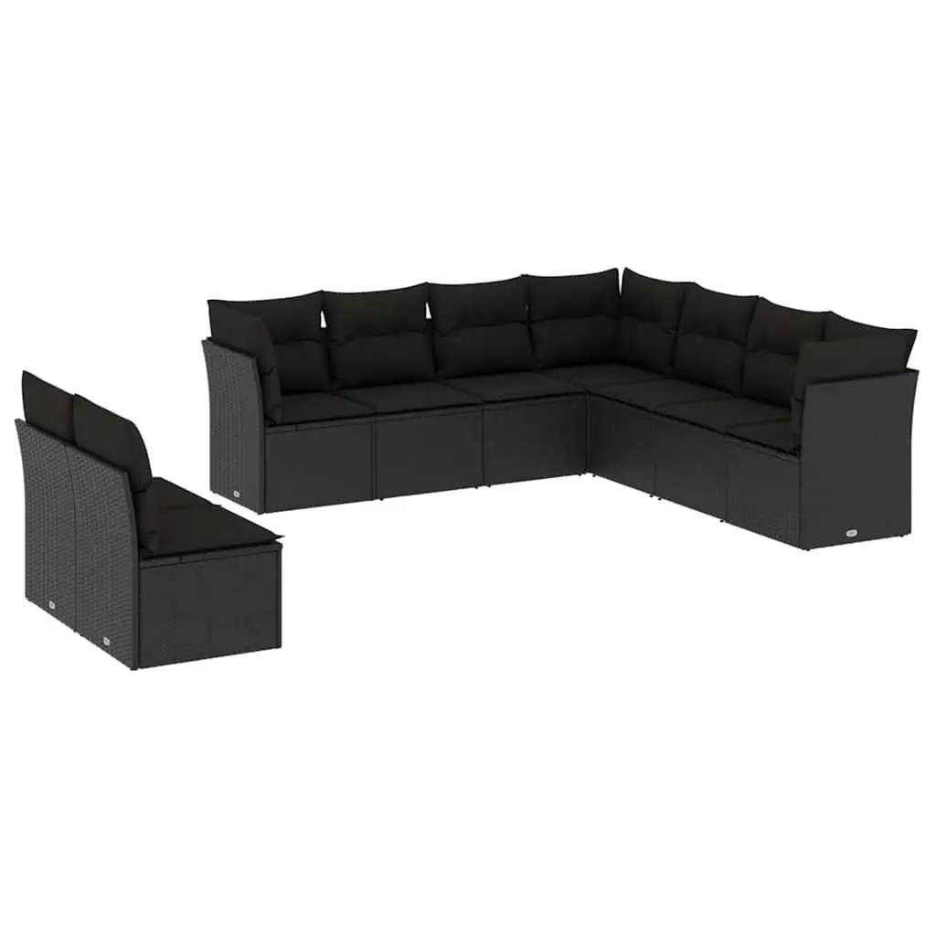 9 Piece Garden Sofa Set with Cushions Black Poly Rattan 3217835 - Furniture