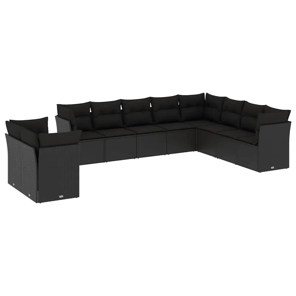 10 Piece Garden Sofa Set with Cushions Black Poly Rattan 3217855 - Furniture