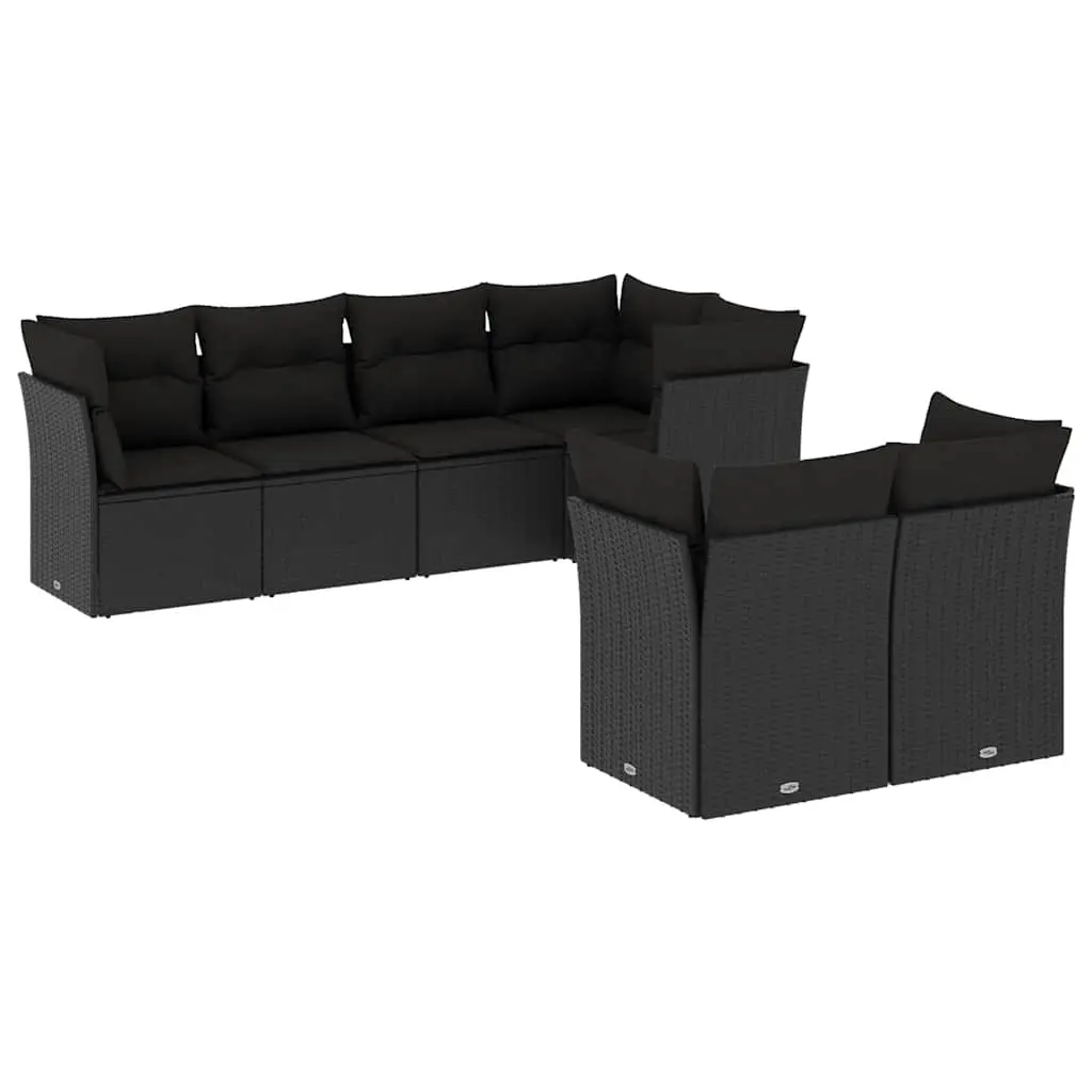 7 Piece Garden Sofa Set with Cushions Black Poly Rattan 3217895 - Furniture
