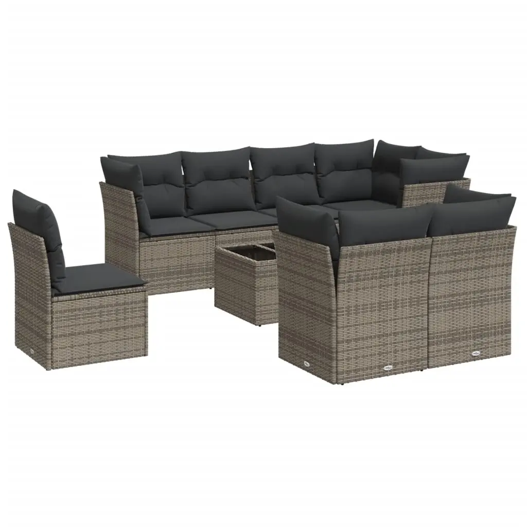 9 Piece Garden Sofa Set with Cushions Grey Poly Rattan 3217940 - Furniture