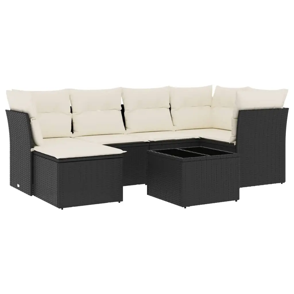 7 Piece Garden Sofa Set with Cushions Black Poly Rattan 3217956 - Furniture