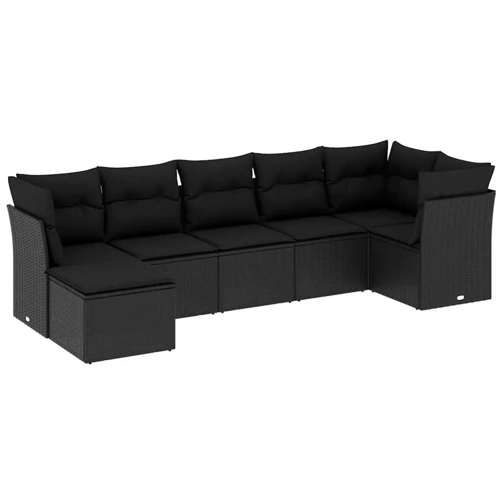 7 Piece Garden Sofa Set with Cushions Black Poly Rattan 3217965 - Furniture
