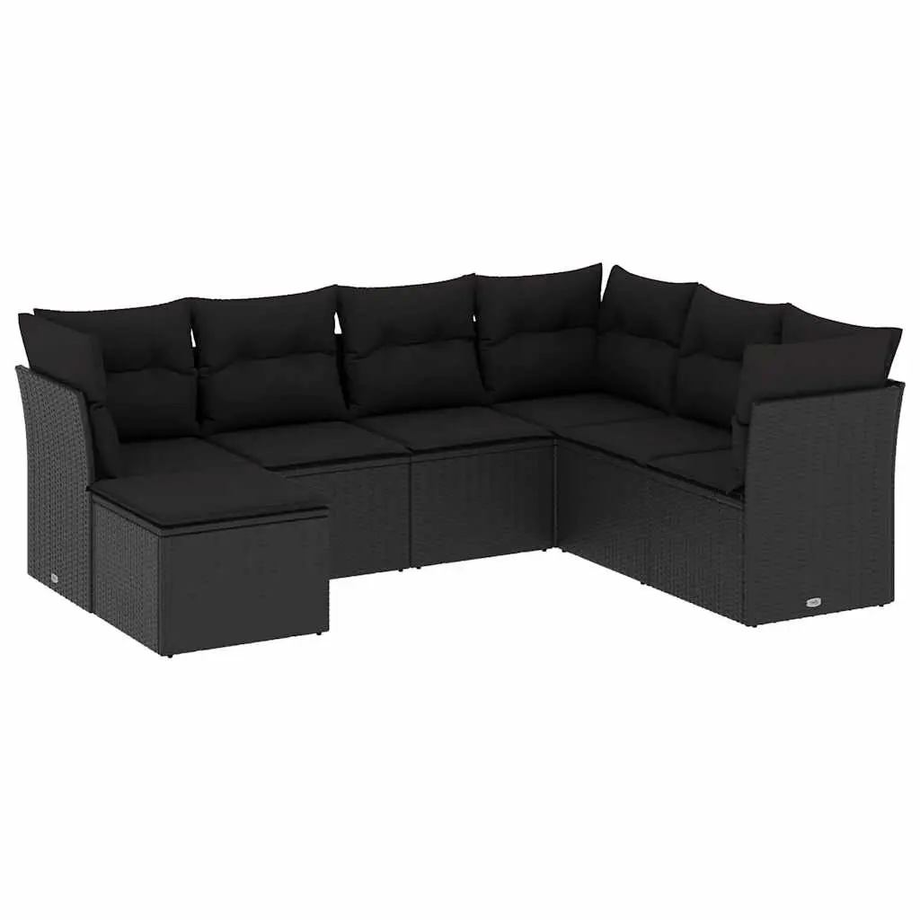 7 Piece Garden Sofa Set with Cushions Black Poly Rattan 3217985 - Furniture
